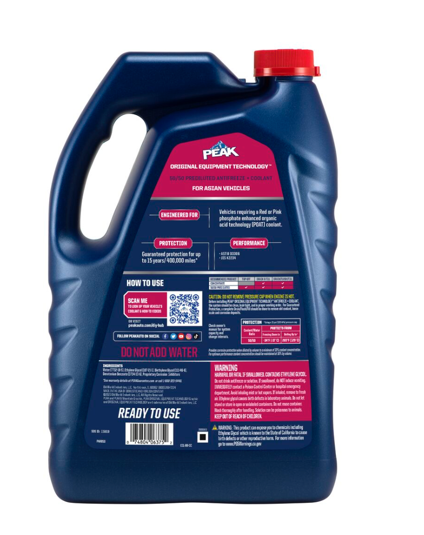 PEAK ORIGINAL EQUIPMENT TECHNOLOGY™ 50/50 Prediluted Red/Pink Antifreeze + Coolant for Asian Vehicles – 1 Gal (6-Pack)