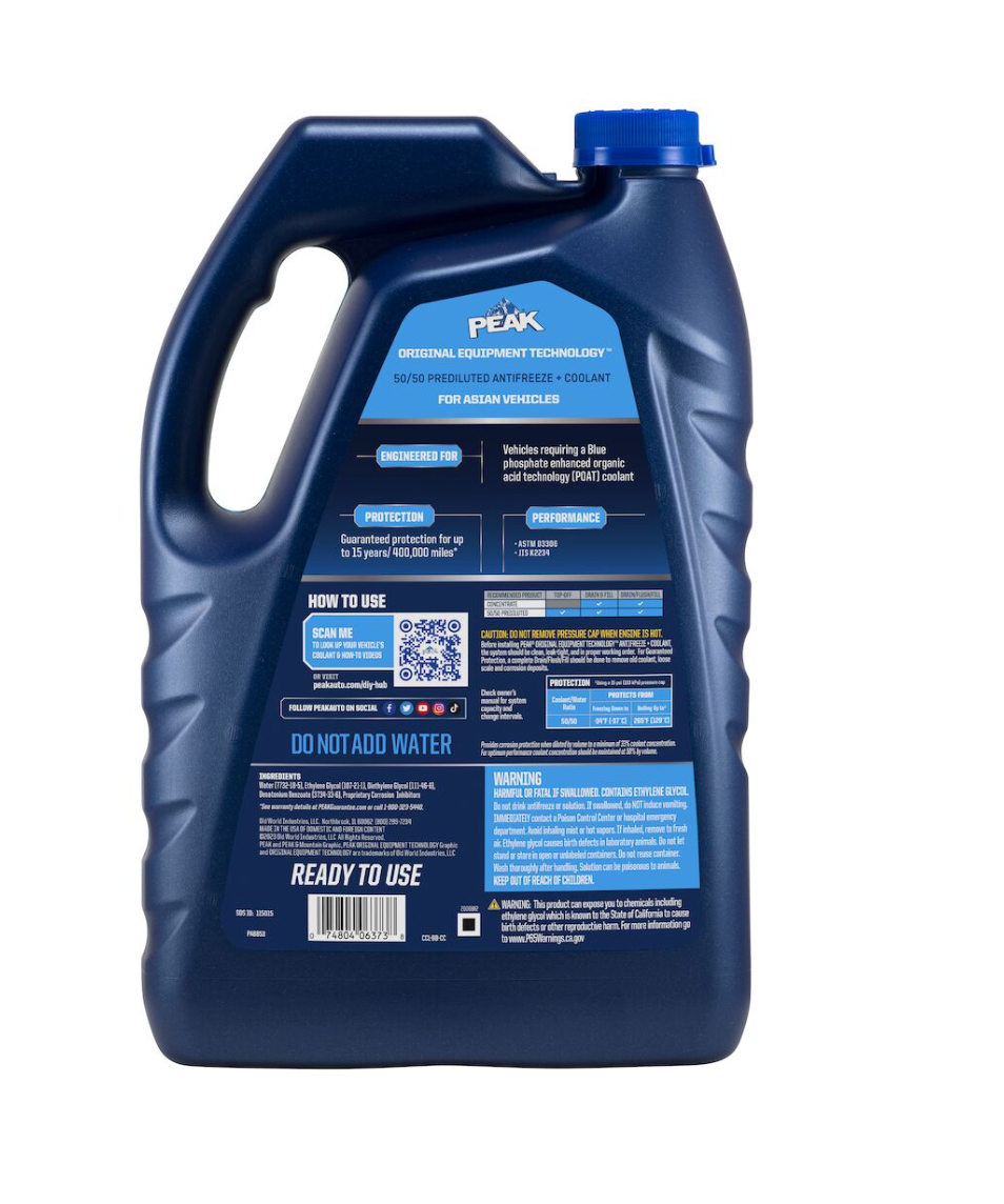 PEAK ORIGINAL EQUIPMENT TECHNOLOGY™ ANTIFREEZE + COOLANT 50/50 PREDILUTED FOR ASIAN VEHICLES - BLUE – 1 Gallon (3.78 L)