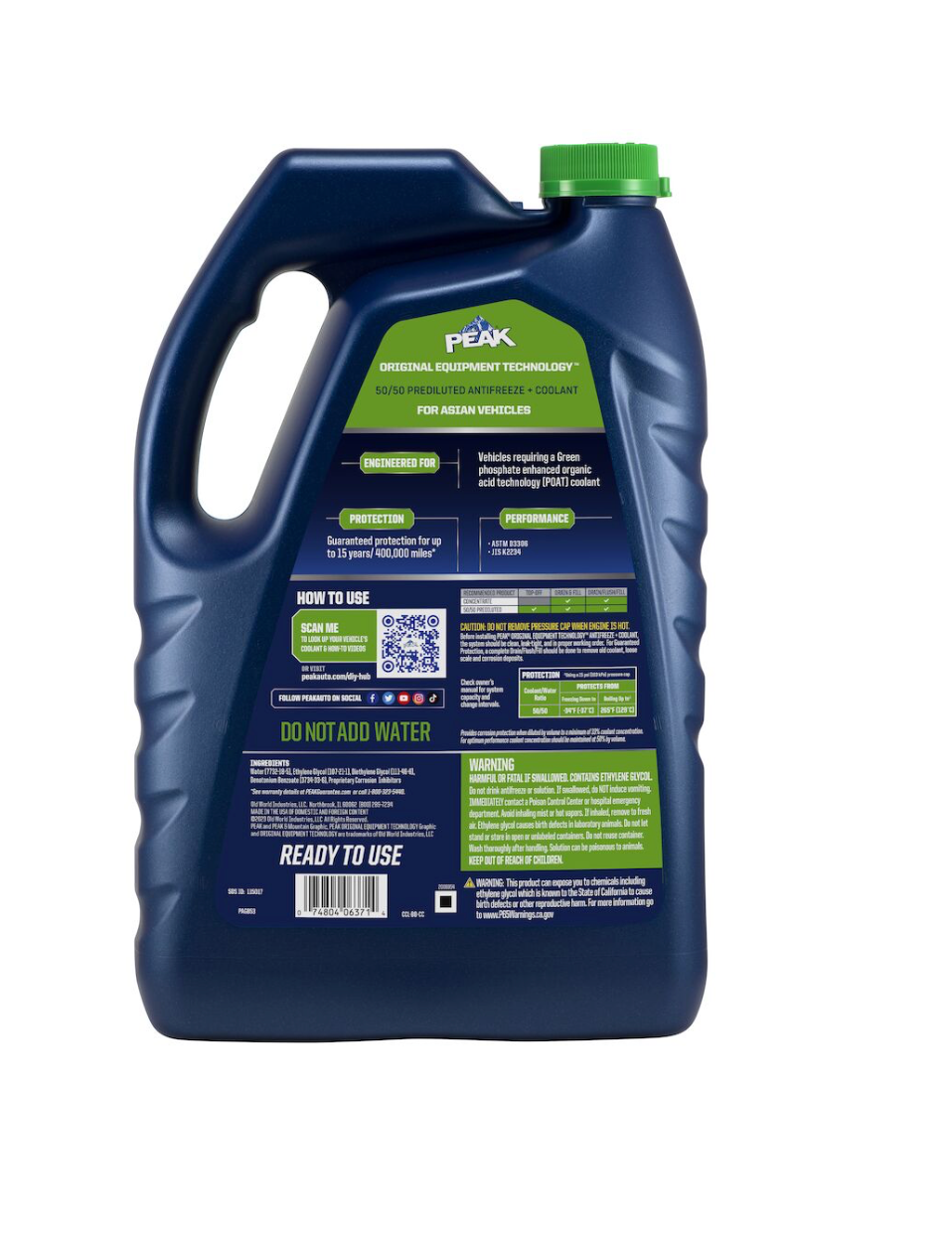 PEAK ORIGINAL EQUIPMENT TECHNOLOGY™ ANTIFREEZE + COOLANT 50/50 PREDILUTED FOR ASIAN VEHICLES - GREEN – 1 Gallon (3.78 L)