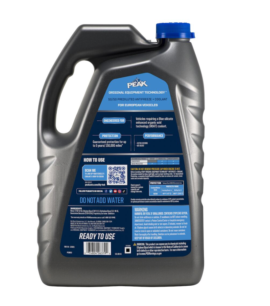 PEAK ORIGINAL EQUIPMENT TECHNOLOGY™ ANTIFREEZE + COOLANT 50/50 PREDILUTED FOR EUROPEAN VEHICLES - BLUE