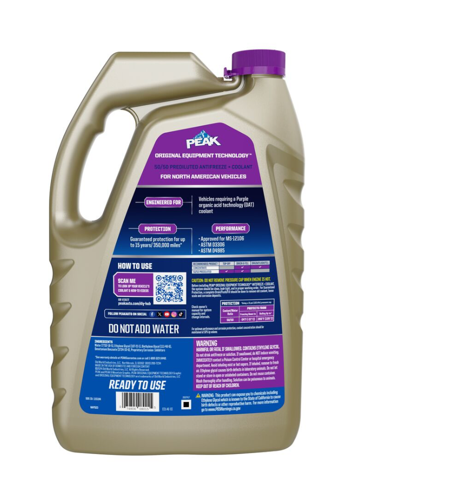 PEAK ORIGINAL EQUIPMENT TECHNOLOGY™ 50/50 PREDILUTED ANTIFREEZE + COOLANT FOR NORTH AMERICAN VEHICLES - PURPLE – 1 Gallon (3.78 L)