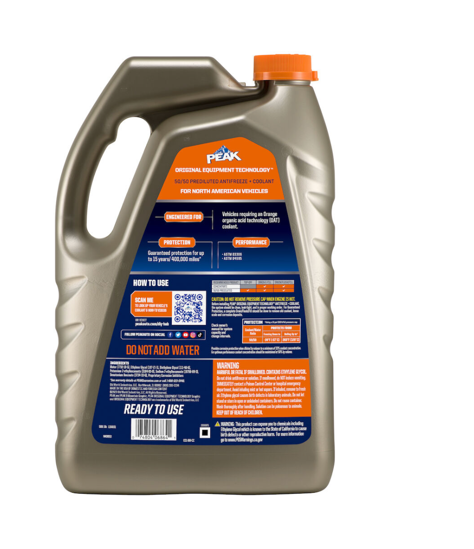 PEAK ORIGINAL EQUIPMENT TECHNOLOGY™ ANTIFREEZE + COOLANT 50/50 PREDILUTED FOR NORTH AMERICAN VEHICLES - ORANGE – 1 Gallon (3.78 L)
