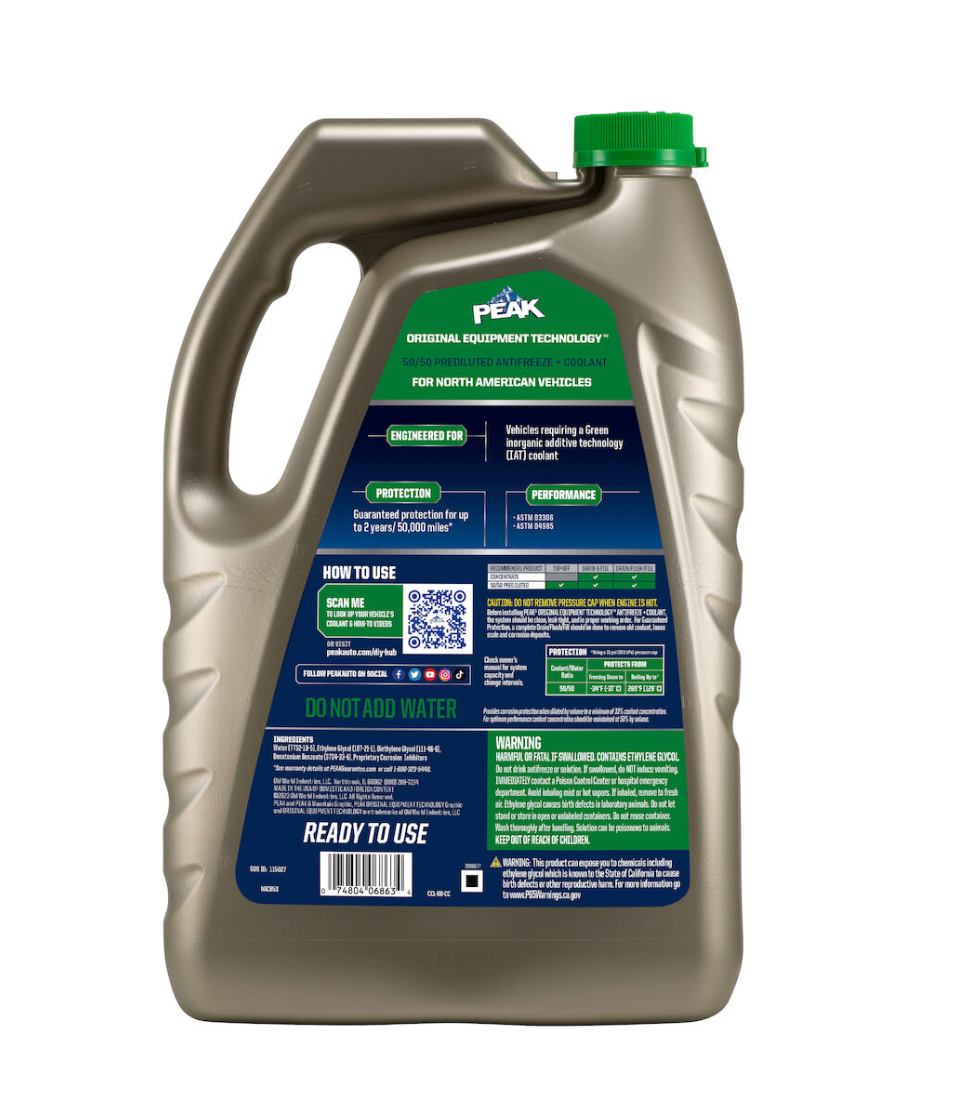 PEAK ORIGINAL EQUIPMENT TECHNOLOGY™ ANTIFREEZE + COOLANT 50/50 PREDILUTED FOR NORTH AMERICAN VEHICLES - GREEN – 1 Gallon (3.78 L)
