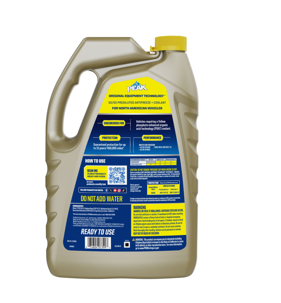 PEAK ORIGINAL EQUIPMENT TECHNOLOGY™ ANTIFREEZE + COOLANT 50/50 PREDILUTED FOR NORTH AMERICAN VEHICLES - YELLOW – 1 Gallon (3.78 L)