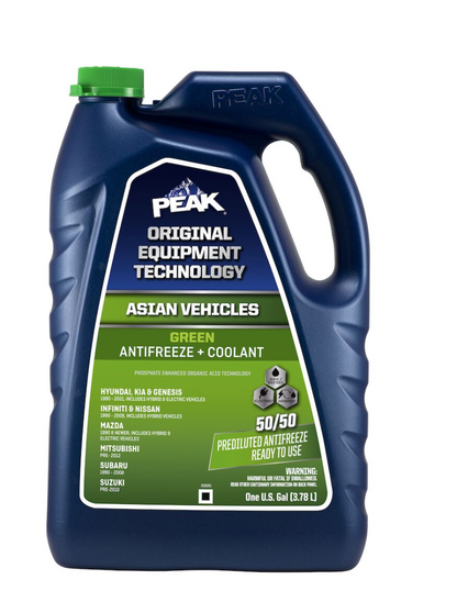 PEAK ORIGINAL EQUIPMENT TECHNOLOGY™ ANTIFREEZE + COOLANT 50/50 PREDILUTED FOR ASIAN VEHICLES - GREEN – 1 Gallon (3.78 L)